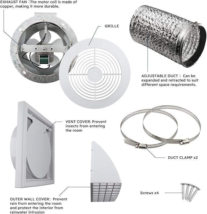 Quini 512M 6-inch Through Wall Exhaust Fan, 80 CFM 4.0 Sones, Bathroom Wall Exhaust Fan, Kitchen Ventilation Fan, 6-inch Diameter Vent, Retractable Duct - Image 4