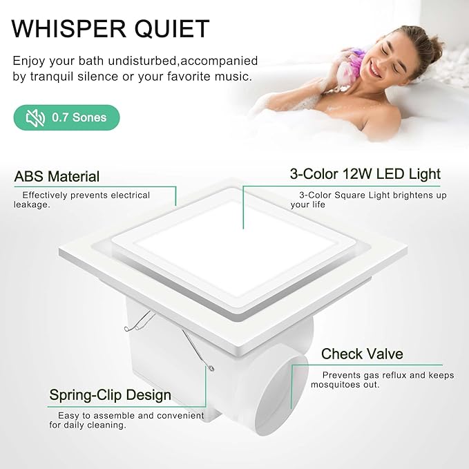 Bathroom Ventilation Fan with Light,With light color controller,12W Square LED 3000K/4500K/6000K,141 CFM,0.7 Sones Quiet Bathroom Exhaust Fan,White(3-Colour LED) - Image 4