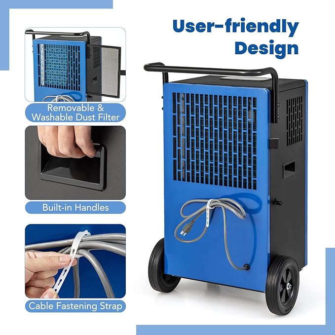 COSTWAY 215 Pint Commercial Dehumidifier, 8,000 Sq.Ft Industrial Dehumidifier with Drain Hose, 24H Timer & 4 Wheels, Ideal for Basement, Warehouse, Job Sites, Water Damage Restoration - Image 6