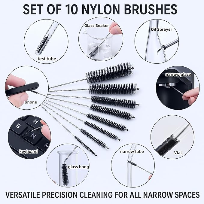 12Pcs Glass Tube Pipe Nylon Cleaners Brush Kit - for Curved Glass Tube, Hookahs & Bottles, Hard-to-Reach Crevices,17” Long Handle Brush, 8.2” Multi-Diameters Brushes,35” Flexible Dual-Head Brush - Image 3