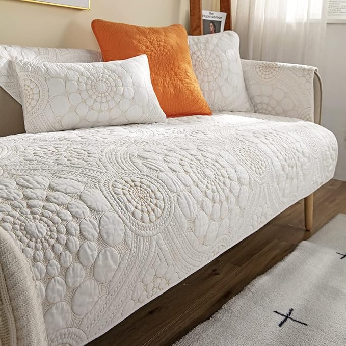 vctops Boho Circle Embroidery Couch Sofa Cover Solid Color Cotton Quilted Non-Slip Sectional Couch Covers Sofa Slipcover for Dogs, Children, Pets Furniture Protector (White,36"x63") by vctops