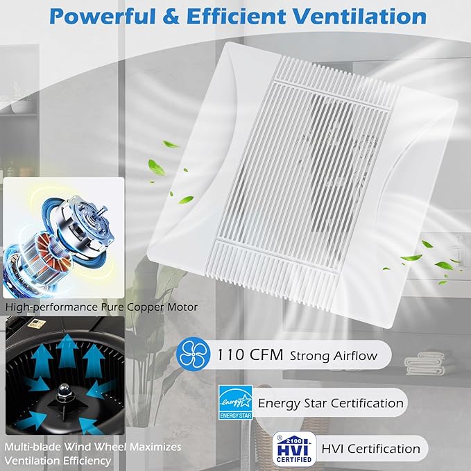 COSTWAY Bathroom Exhaust Fan, 110 CFM Ceiling Mount Exhaust Ventilation Fan, Energy-Saving Household Bath Vent Fan w/Metal Housing, 4 Inches Duct, 1 Sones Quiet Operation, White - Image 4
