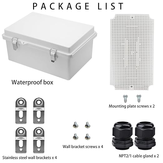 Waterproof Electrical Box with Mounting Plate, IP67 Junction Box Stainless Steel Latch Hinged Grey Cover Project Enclosure with Wall Bracket and 2 Glands 10.2" x 6.3" x 3.9" - Image 4