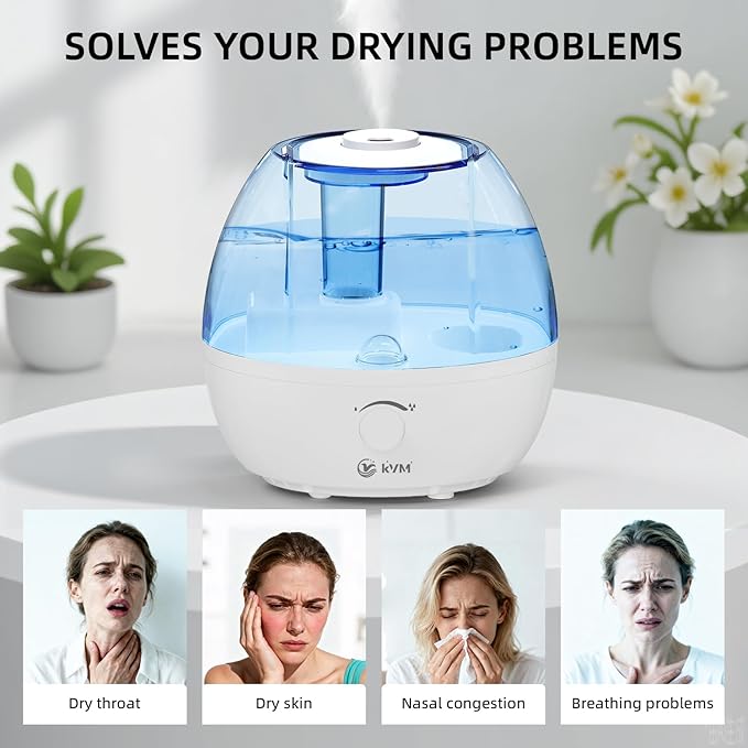 KVM Ultrasonic Cool Mist Humidifier, Quiet Air Humidifiers for Bedroom, Nursery, Office, & Indoor Plants, 360 Rotation Nozzle & 2L Water Tank & Night Light - Image 3