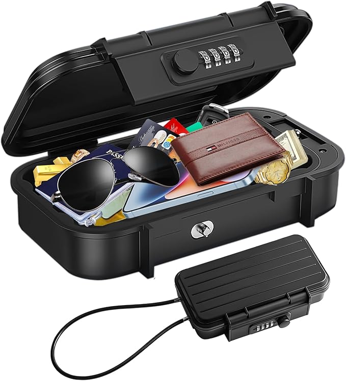 Security Case LockBox with Code, Portable Safe Box with Removable Chain Combination Lock Box Mini Anti-Theft Travel Safe Waterproof Lockable Box for Gym Hotel Dorm Home Car Pool Beach by TNIIFXC