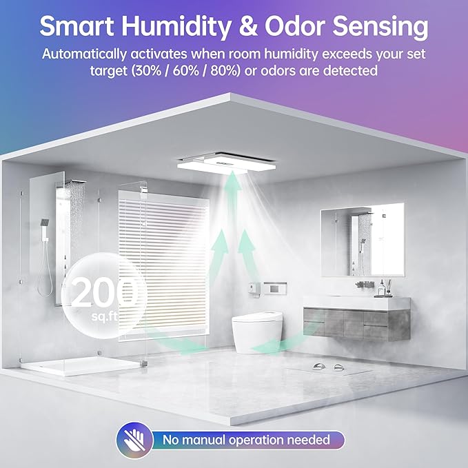 Bathroom Exhaust Fan with Heater, Light, Bluetooth Speaker and Odor & Humidity Sensors, 230 CFM Quiet Ceiling Fan with 3 Dynamic RGB Lighting, 3CCT - Remote App Control - Works with Alexa - Image 3