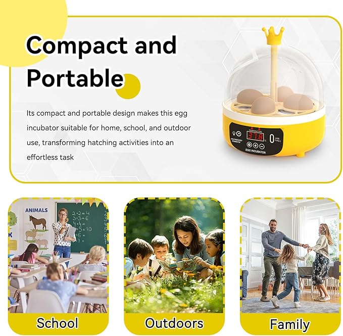 Mini Egg Incubator, 4 Egg Incubator Household Hatching Machine Automatic Temperature Humidity Control for Farm, Classroom, Home Use (Auto Turning) - Image 6