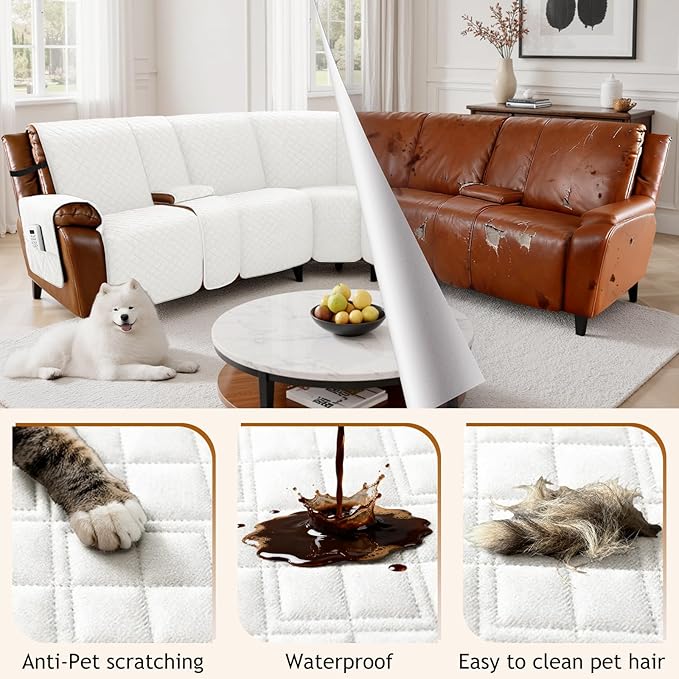 Arfntevss Waterproof Recliner Sectional Couch Covers for Reclining L Shape Sofa Cover Non Slip Washable L Shaped Slipcover Sets for Dog Furniture Protector (5 Seat with 2 Console Cover, Cream White) - Image 6