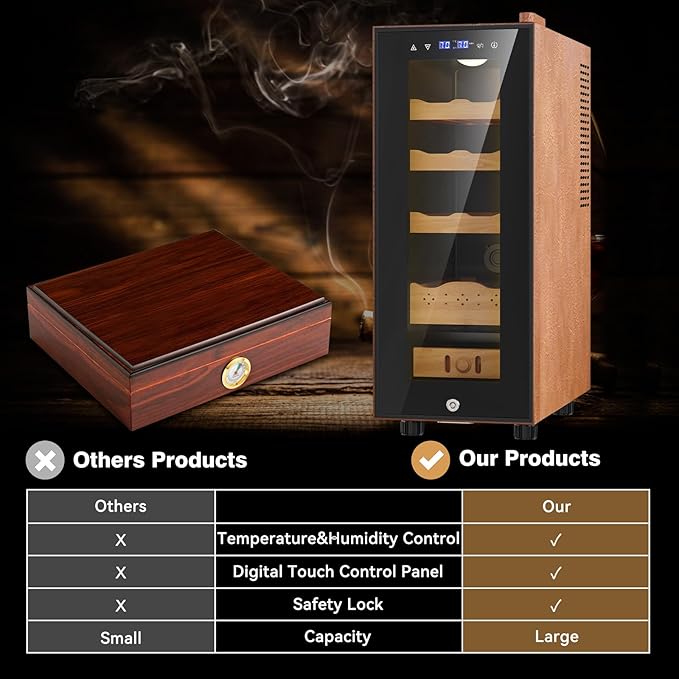 Electric Cooler Cabinet 35L with Temperature and Humidity Control, Leather Finish, Spanish Cedar Wood Shelves and Safety Lock (300 Counts Capacity), Gift for Men - Image 5