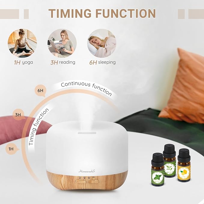 Homeweeks 300ml Essential Oil Diffuser, Quiet Aromatherapy Mist Diffusers for Essential Oils, Wood Grain, Ultrasonic, Remote Control, Timer, 7 Colors Light for Bedroom (300ml) - Image 7