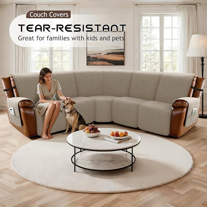 Arfntevss Waterproof Recliner Sectional Couch Covers for Reclining Sectional L Shape Sofa Cover Non Slip Washable Recliner L Shaped Slipcover Sets for Dog Furniture Protector (5 Seater, Camel) - Image 7