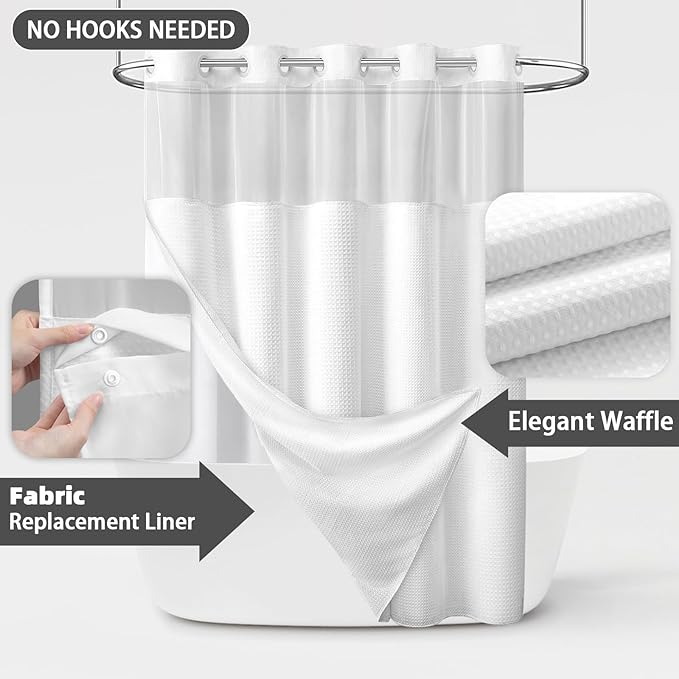 White Shower Curtain and Liner Set,230GSM Waffle Weave Textured Heavy Duty Hotel No Hook Shower Curtain 75" L x 72" W - Image 5