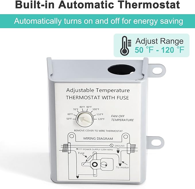 7 Inch Shutter Exhaust Fan, Wall Mount Attic Fan with Thermostat and Speed Controller for Greenhouses, Sheds, Garages, Chicken Coops, Barns Ventilation, 760 CFM - Image 6