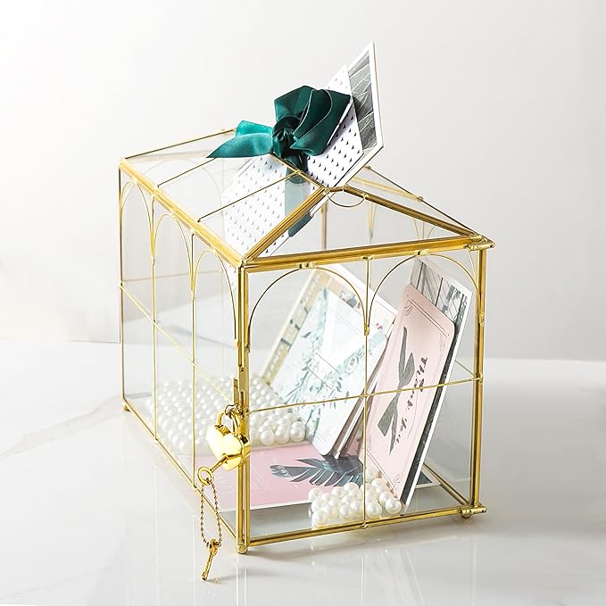 Glass Wedding Card Box with Slot, 10.2'' Large Clear Card Box Gold Brass Gift Card Storage Box with Lock Perfect for Wedding Receptions, Baby Shower, Birthday Party, Bridal Shower - Image 7