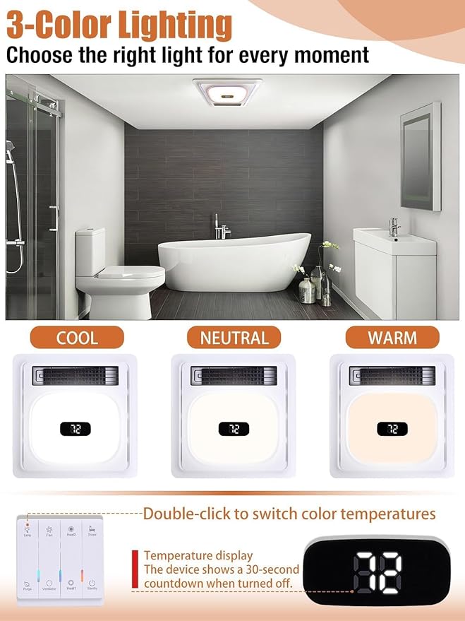 4 In1 Bathroom Exhaust Fan with Bluetooth Speaker & Heater 1800W, 180 CFM 1.0 Sone Bath room Exhaust Fan with LED Light-4 RGB Modes, Controller,Ventilation,Easy Install for Bathroom, Home - Image 2