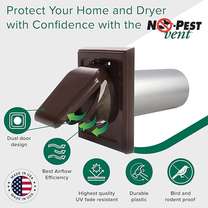 NO-PEST VENT, Exclusive Dual Door Dryer Vent Cover Outdoor 4 inch or Bathroom fan, Made in USA w Highest UV Resistant Plastic in any Outdoor Vent Cover (Brown, 4 inch With 12" Duct Tube) - Image 2