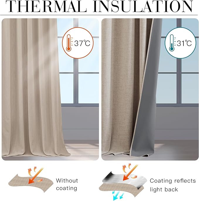 RYB HOME Natural Beige 100% Blackout Short Curtains 45 inch Length 52 Width, Light Blocking & Thermal Insulated Curtains for Kitchen/Small Window/Bathroom/Basement, 2 Panels - Image 4