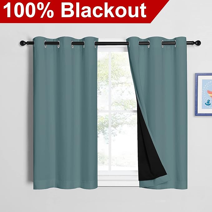 NICETOWN Greyish Blue 100% Blackout Curtains 45 inches Long, 2 Thick Layers Completely Blackout Window Treatment Thermal Insulated Lined Drapes for Small Window (1 Pair, 42 inches Width Each Panel) - Image 2