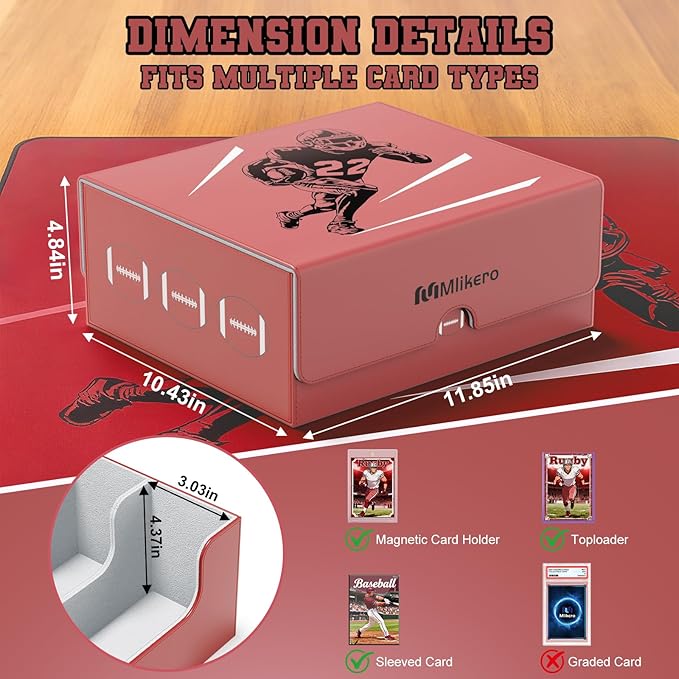 Mlikero Football Card Storage Box, Trading Card Storage Box Oversized Fits Toploaders, Magnetic Closure Sports Card Case for Football Cards 2025 (Holds 500+ Toploaders) - Image 6