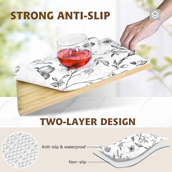 Drawer and Shelf Liner Black Flowers 17in x 20FT, Non Adhesive Anti-Slip Double Layer PVC Reusable Thickened Waterproof Easy Clean for Kitchen Cabinets Refrigerator with Knife Tape Measure - Image 2