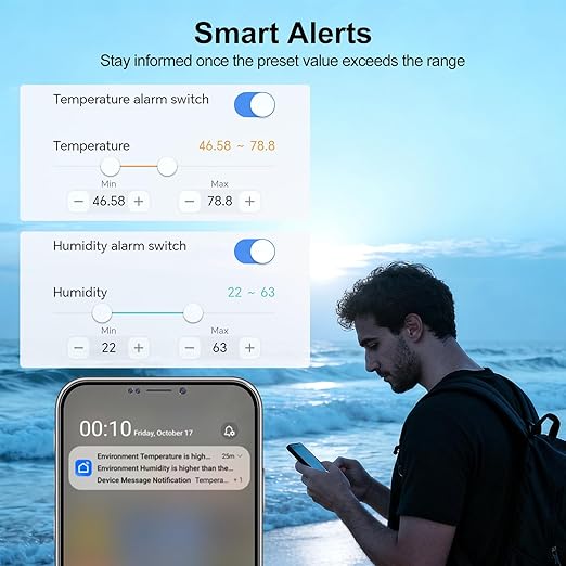 eMylo WiFi Hygrometer Thermometer 4 Pack, Smart Digital Indoor Temperature Humidity Monitor 426Ft Rang with 3 IP65 Wireless Sensors Outdoor Kit, App Alerts, Free Data Storage Export, Works with Alexa - Image 8