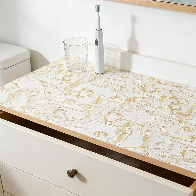 Shelf Liners Non Adhesive Light Base Gold Lotus Pattern - Thickened Non-Slip Easy to Clean Drawer Liner for Kitchen Cabinets, Tool Box, Refrigerator, with Knife & Tape Measure, 17in x 30FT - Image 3