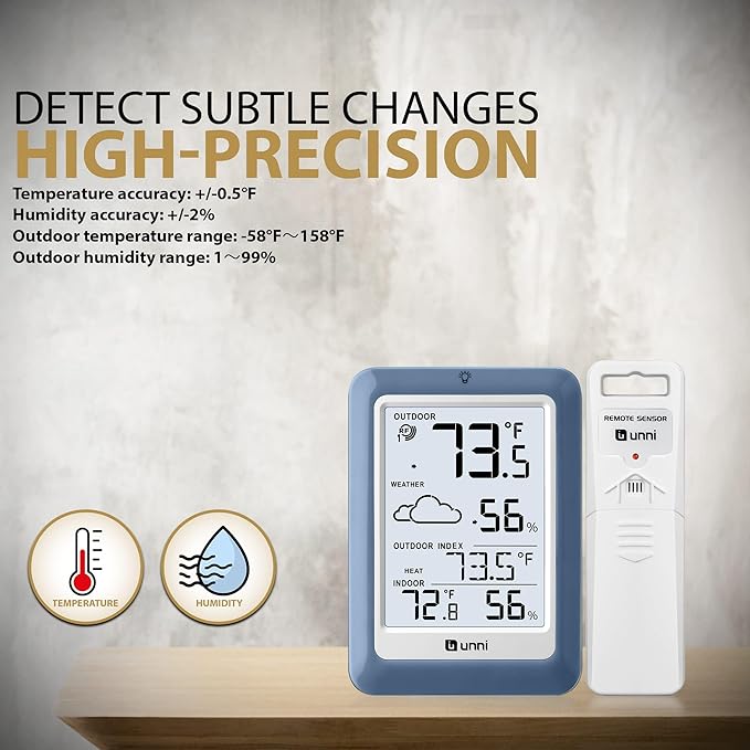 Indoor Outdoor Thermometer Hygrometer Wireless Weather Station, Temperature Humidity Monitor Battery Powered Inside Outside Thermometers with 330ft Range Remote Sensor(Blue) - Image 5