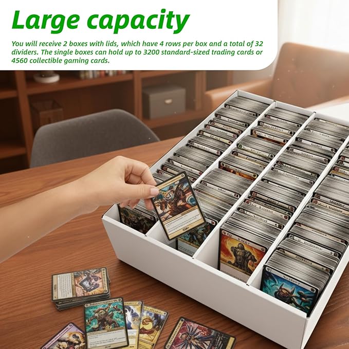 Calenzana 3200-Count Trading Cardboard Card Storage Boxes 2 Pack, 4 Row White Card Box with 32 Dividers, Baseball, MTG, TCG Card Organizer - Image 4