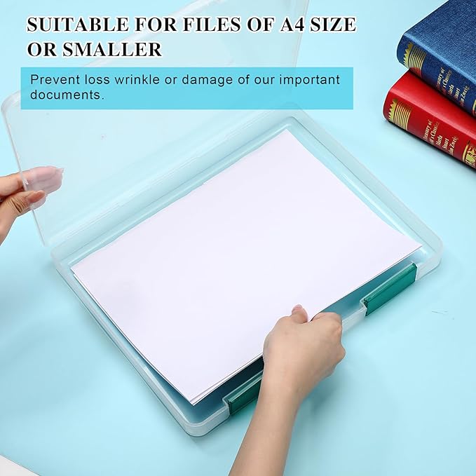 PerKoop 6 Pcs Clear Paper Storage Box A4 Plastic File Box Document Paper Organizer Storage Board Game Project Cases Containers with Buckle for Craft, Magazine(12.4 x 9.84 x 1.18 Inches,Dark Green) - Image 4