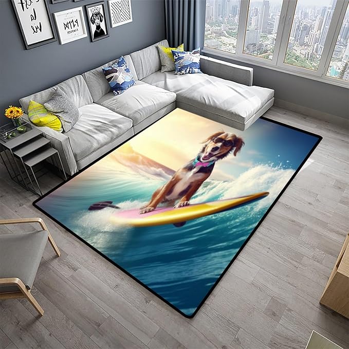 Area Rug, Surfing Dog Pattern Printing Lightweight Area Rugs Fade Resistant, Flame Resistant, Quick Dry, Stain Resistant, Waterproof Floor Carpet for Living Room Bedroom, 78 x 96 Inch - Image 2