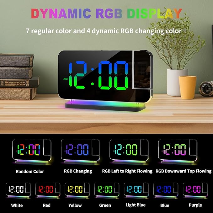 Projection Alarm Clock for Bedroom Ceiling,RGB Digital Clocks Radio with 10 Colors RGB Night Light,Loud Alarm Clock for Heavy Sleepers,USB C Charger Port,Snooze,12/24H,Auto Dimming - Image 4
