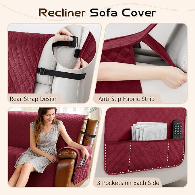 Arfntevss Waterproof Recliner Sectional Couch Covers for Reclining Sectional L Shape Sofa Cover Non Slip Washable Recliner L Shaped Slipcover Sets for Dog Furniture Protector (5 Seater, Wine Red) - Image 4