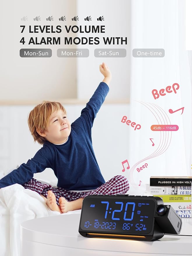 Mesqool Projection Alarm Clock for Bedroom Ceiling, Digital Clock Projector with Weekday/Weekend Mode, Date, Temperature, Humidity, Type-C USB Charger, Snooze, Dual Alarms, Dimmer,12/24H - Image 5