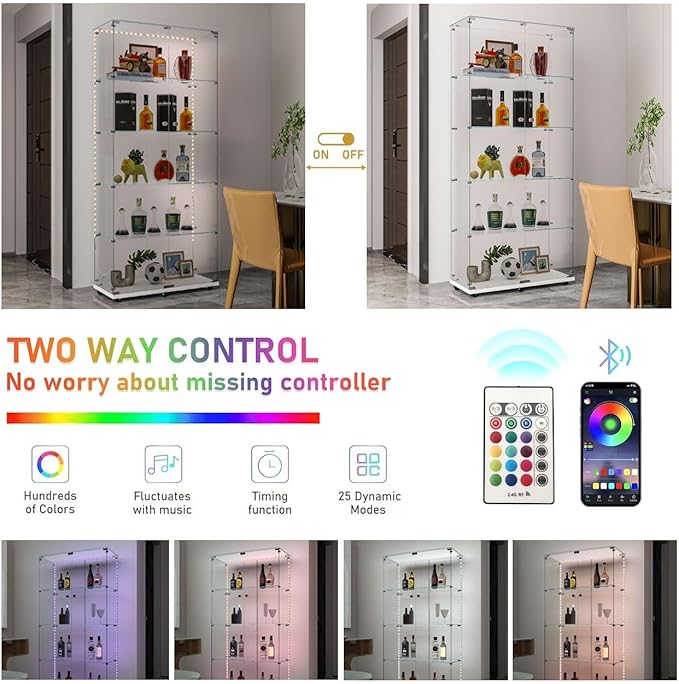 Yoluckea 5 Tiers Glass Display Cabinet with Bluetooth LED Light Strip, 2 Doors Floor Standing Curio Cabinet with Universal Wheel for Home Office Display,White Glass Bookshelf for Collections,Clear Top - Image 3