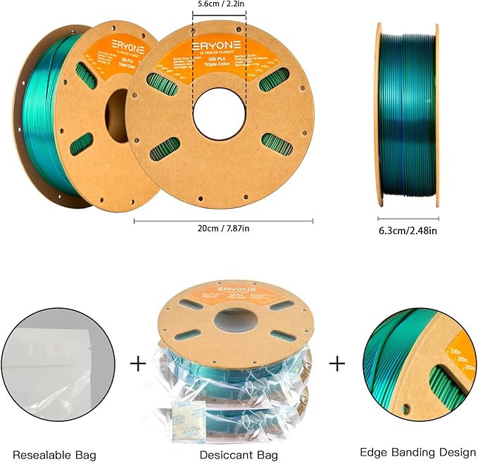 ERYONE Silk Tri Color PLA Filament 3D Printer 1.75mm +/- 0.03mm, Multicolor Filament Tricolor PLA Bundle 2KG Cardboard Spool, Red Blue Green - Image 6
