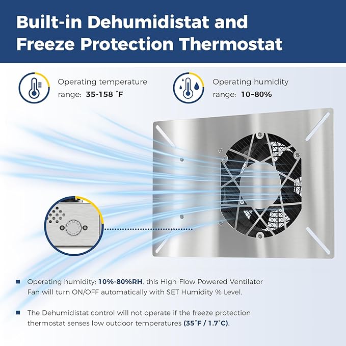 ALORAIR 260 CFM Stainless Steel Crawl Space Vent Fan - Air Out Crawlspace Ventilation Fan with Humidistat Dehumidistat, IP55 Exhaust with Isolation Mesh for Foundation Basements Garage Attic - Image 4