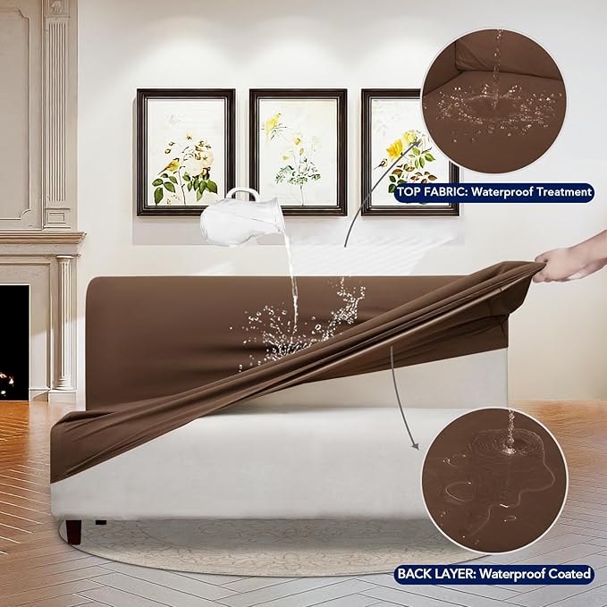 PureFit 100% Dual Waterproof Futon Cover - Stretch Non Slip Fleece Sofa Covers, Washable, Leakproof Furniture Protector for Kids, Pets, Dogs (Brown) - Image 3