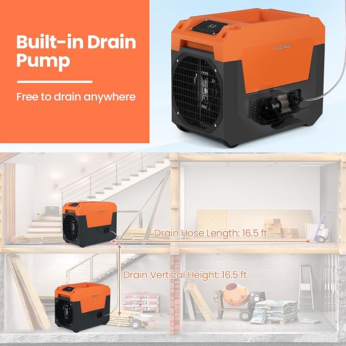 COSTWAY 140 Pints Commercial Dehumidifier with Pump, Portable Industrial Dehumidifier with Drain Hose for Basements, Job Sites, Water Damage Restoration (Orange) - Image 4