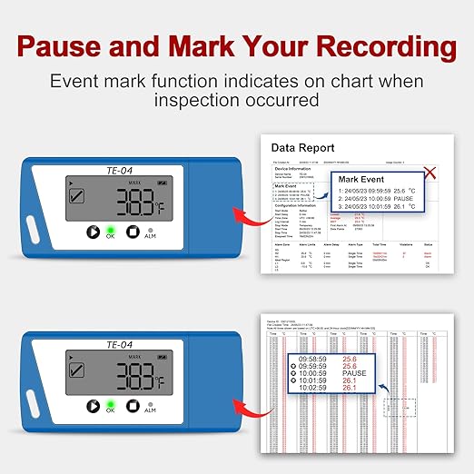 TE-04 Temperature Data Logger with 1.5M External Probe, Auto PDF& CSV Report, 35,000 Points, Large Display Pause Recording Function, Temperature Recorder for Cold Chain Shipping Vaccine Storage - Image 2