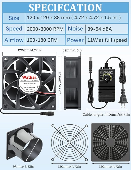 Wathai 120mm x 38mm 12V 4 Inch Small Exhaust Fan with 110V 120V Speed Control for Fume Extractor Soldering, 3D Laser, Paint Booth Cooling - Image 2