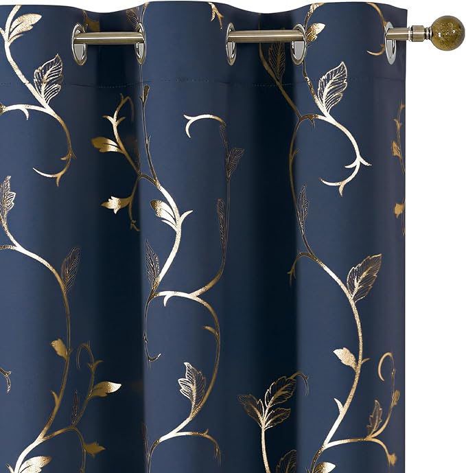 BUHUA Blackout Curtains Gold Foil Print Flower Vine Grommet Drapes, Room Darkening Thermal Insulated Curtains, Noise Reducing Blackout Curtain for Bedroom, Navy Blue, 38Wx84L, 2 Panels by BUHUA