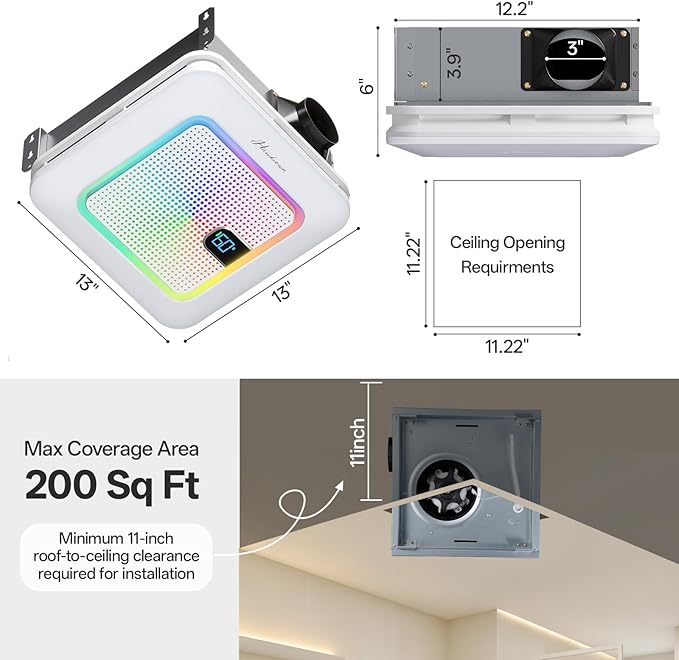 Smart Bathroom Exhaust Fan with Bluetooth Speaker, 230 CFM 1.0 Sone Exhaust Fan with Humidity & Odor Sensor, Remote/App/Voice Control, Adjustable LED Lighting & Dynamic RGB Mood Light (White) - Image 9