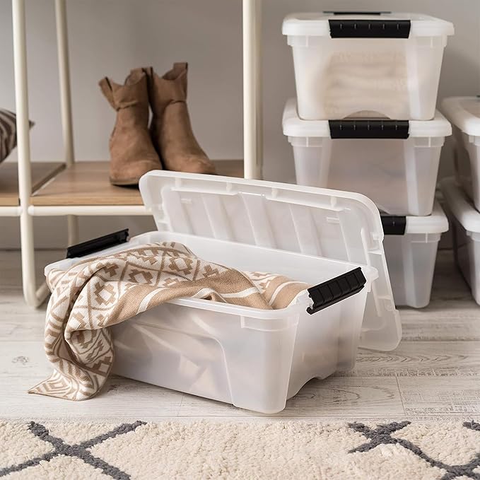 IRIS USA 13 QT Plastic Storage Box with Lid and Latches - 6 Pack - BPA-Free, Discreet Organizing Solution, Durable Nestable Stackable Containers, Secure Pull Handle - Pearl - Image 3