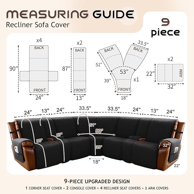 Arfntevss Waterproof Recliner Sectional Couch Covers for Reclining L Shape Sofa Cover Non Slip Washable L Shaped Slipcover Sets for Dog Furniture Protector (5 Seat with 2 Console Cover, Black) - Image 5