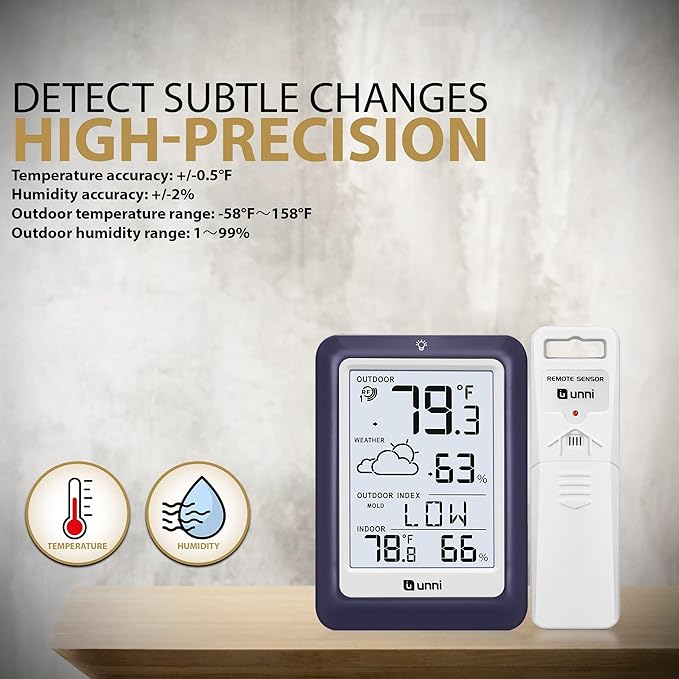 Indoor Outdoor Thermometer Wireless Weather Station, Temperature Humidity Monitor Battery Powered Inside Outside Thermometers with 330ft Range Remote Sensor and Backlight Display (Purple) - Image 5
