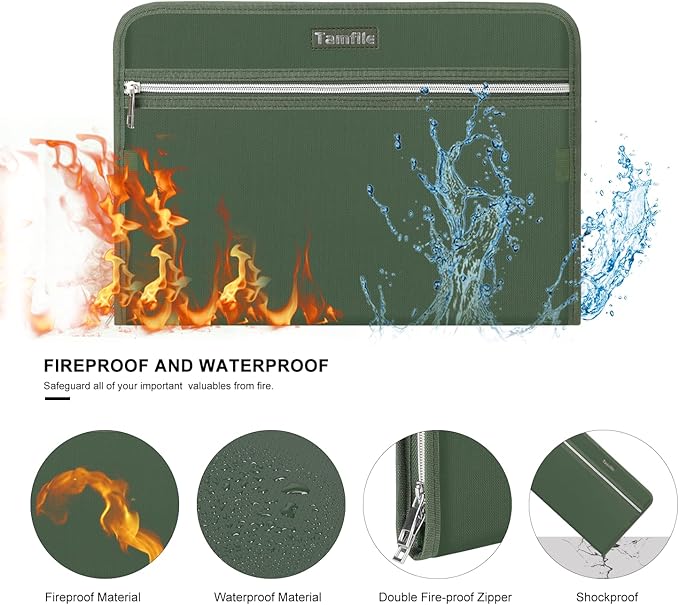 Fireproof Safe Accordion File Organizer Bag Folder,Waterproof Expanding Filing Folder with 14 Pockets, A4 Letter Size, Document Organizer Holder and Color Labels /2 Zipper (Green 14.3" x 9.8") - Image 2