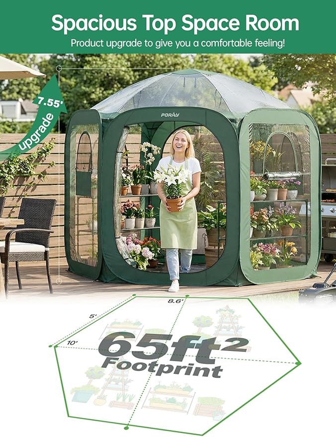 Porayhut Pop up Greenhouse Tent,Portable Large Walk-in Plant House 10’X10’ ,Indoor Outdoor Gardening Plant Sunshine Room with PVC Mesh Cloth Cover for Protecting Plant from Cold Frost & Birds - Image 2