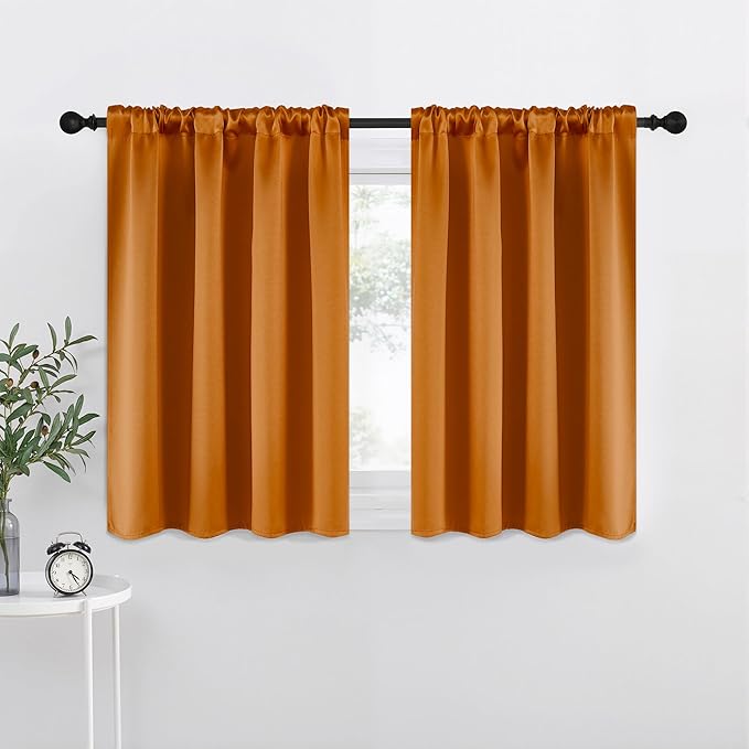 NICETOWN Room Darkening Cafe Satin Curtains for Small Windows, 42" Wide by 36" Long, 2 Panels, Orange, Rod Pocket Privacy Faux Silk Blackout Drapes for Kitchen by NICETOWN