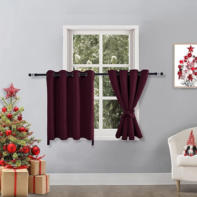 Hiasan RV Blackout Curtains for Bedroom, 52 x 36 Inches Long - Thermal Insulated & Light Blocking Window Curtains for Living Room Christmas Decor, 2 Drape Panels Sewn with Tiebacks, Burgundy by Hiasan