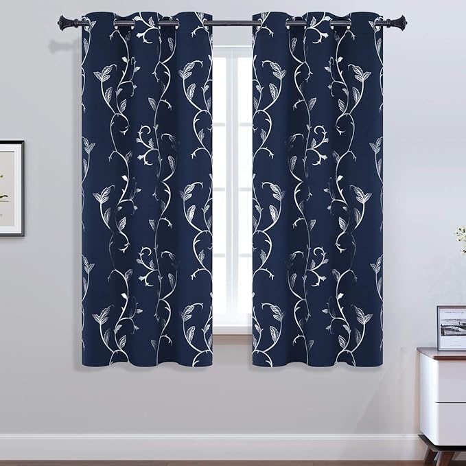 BUHUA Navy Blackout Curtains Thermal Insulated Silver Shinny Vine Pattern Darkening Curtains for Bedroom 38W×63L Navy Blue 2 Panels - Image 2